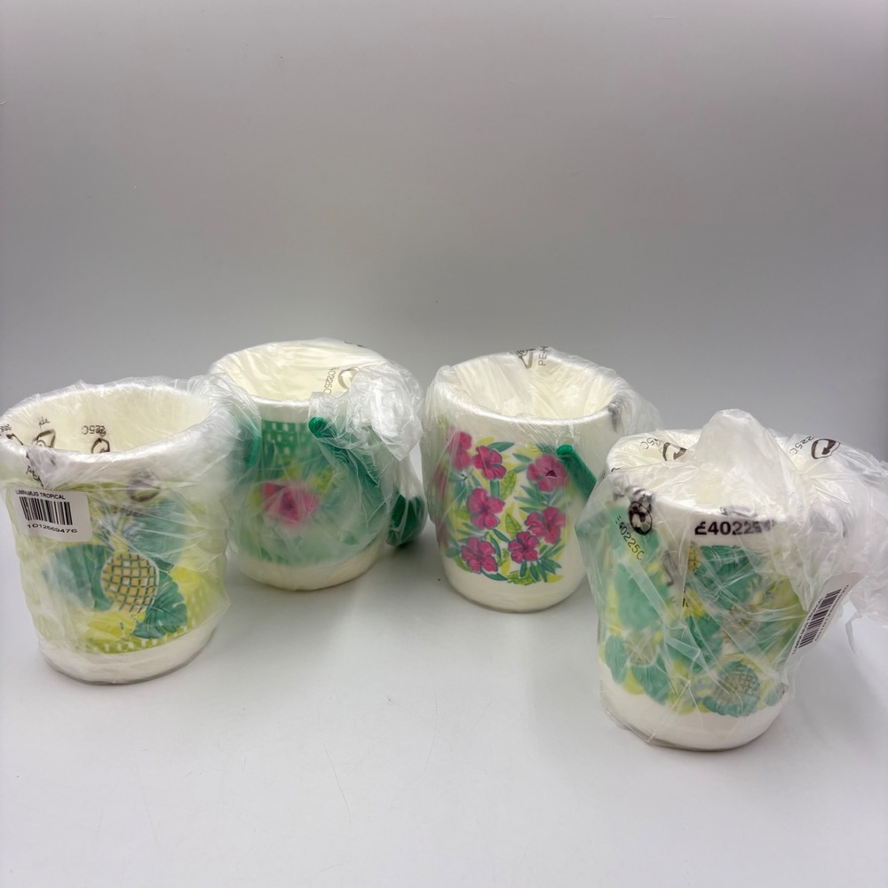 Lumina Tropical Oasis Mugs Set of‎ 4 White Green Floral Pineapple Hibiscus